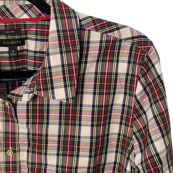 Talbots Holiday Plaid Button Shirt Metallic Gold Thread Size 12 Non-Iron - Picture 2 of 7